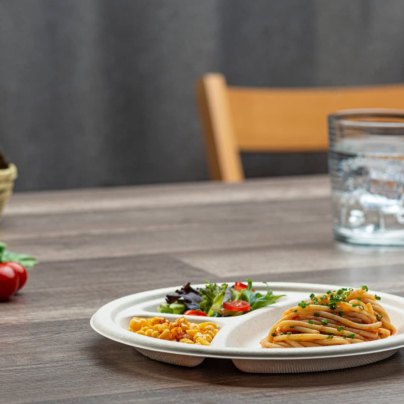 GUSTO [9 Inch - 125 Count Heavy-Duty 100% Compostable Plates, 3 Compartment Eco-Friendly, Kraft Disposable Sugarcane Paper Plates - Brown Unbleached (Formerly Comfy Package) - Image 5